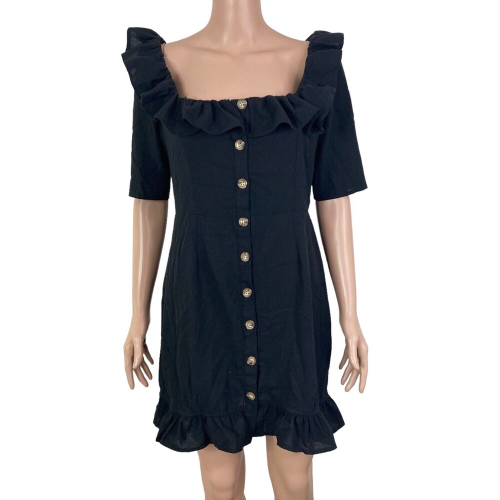 Asos Dress Womens 8 Black Button Front Ruffles Knee Length